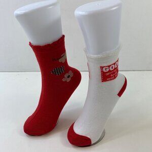 Set 2 Womens Crew Socks Flower Good Fun Design Ruffle Cuff Red White